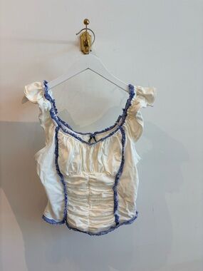 Anthropologie Cream Camisole with Blue Frayed Trim
